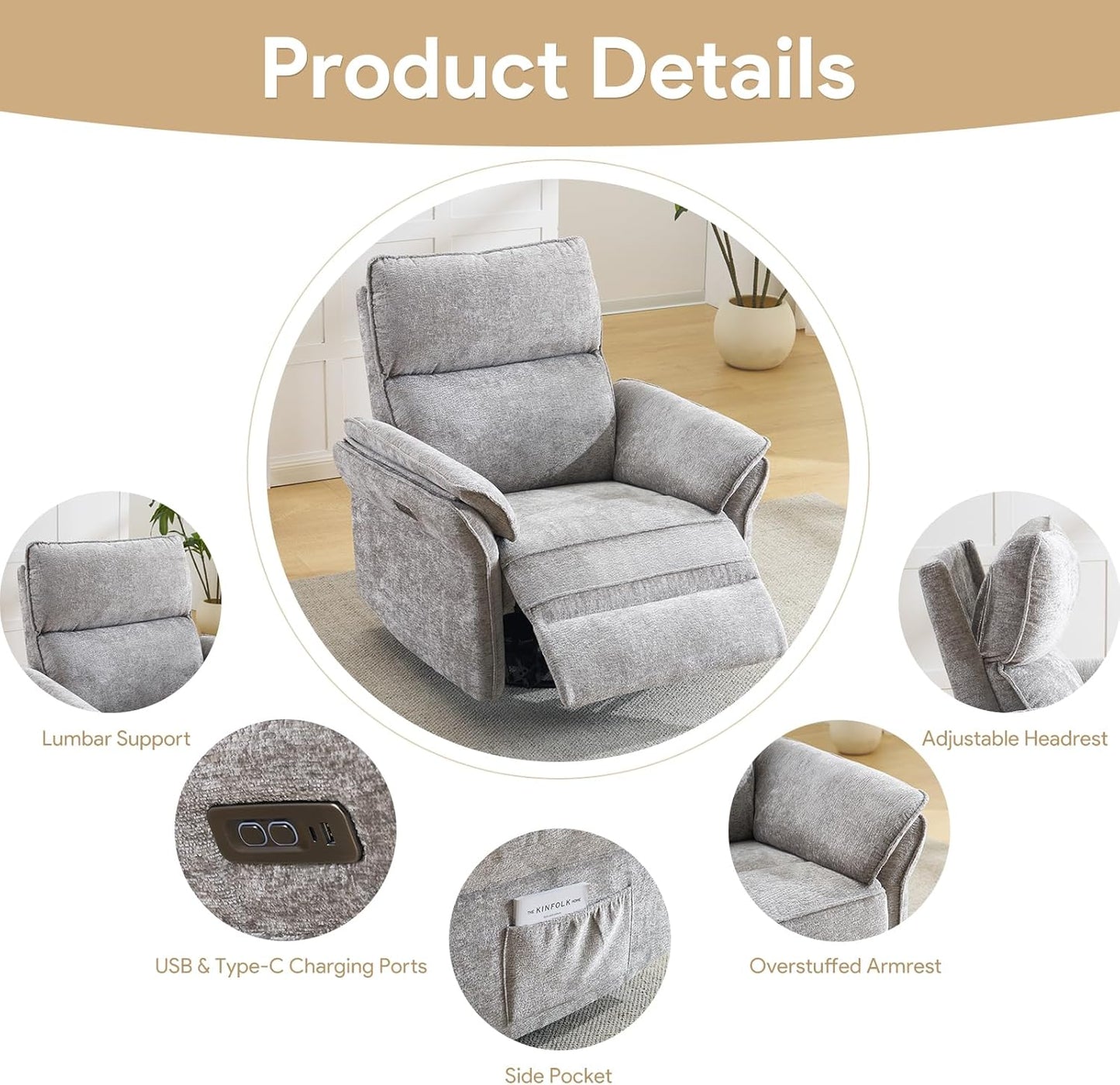 Oversized Swivel Rocker Recliner with Adjustable Headrest, Rocking Chair Nursery with Overstuffed Armrest, Manual Rocker Recliner Nursery Chair for Living Room, White