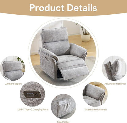 Oversized Swivel Rocker Recliner with Adjustable Headrest, Rocking Chair Nursery with Overstuffed Armrest, Manual Rocker Recliner Nursery Chair for Living Room, White
