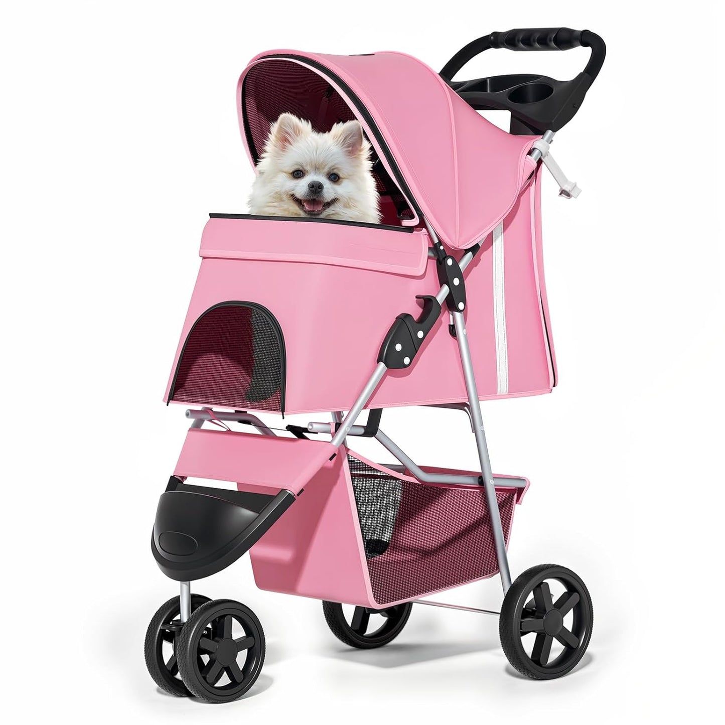 MoNiBloom Foldable Pet Stroller with Weather Cover, 3 Wheels Pet Strolling Cart for Small/Medium Dogs and Cats with Storage Basket and Cup Holder, Breathable and Visible Mesh for All-Season, Black