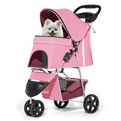 MoNiBloom Foldable Pet Stroller with Weather Cover, 3 Wheels Pet Strolling Cart for Small/Medium Dogs and Cats with Storage Basket and Cup Holder, Breathable and Visible Mesh for All-Season, Black