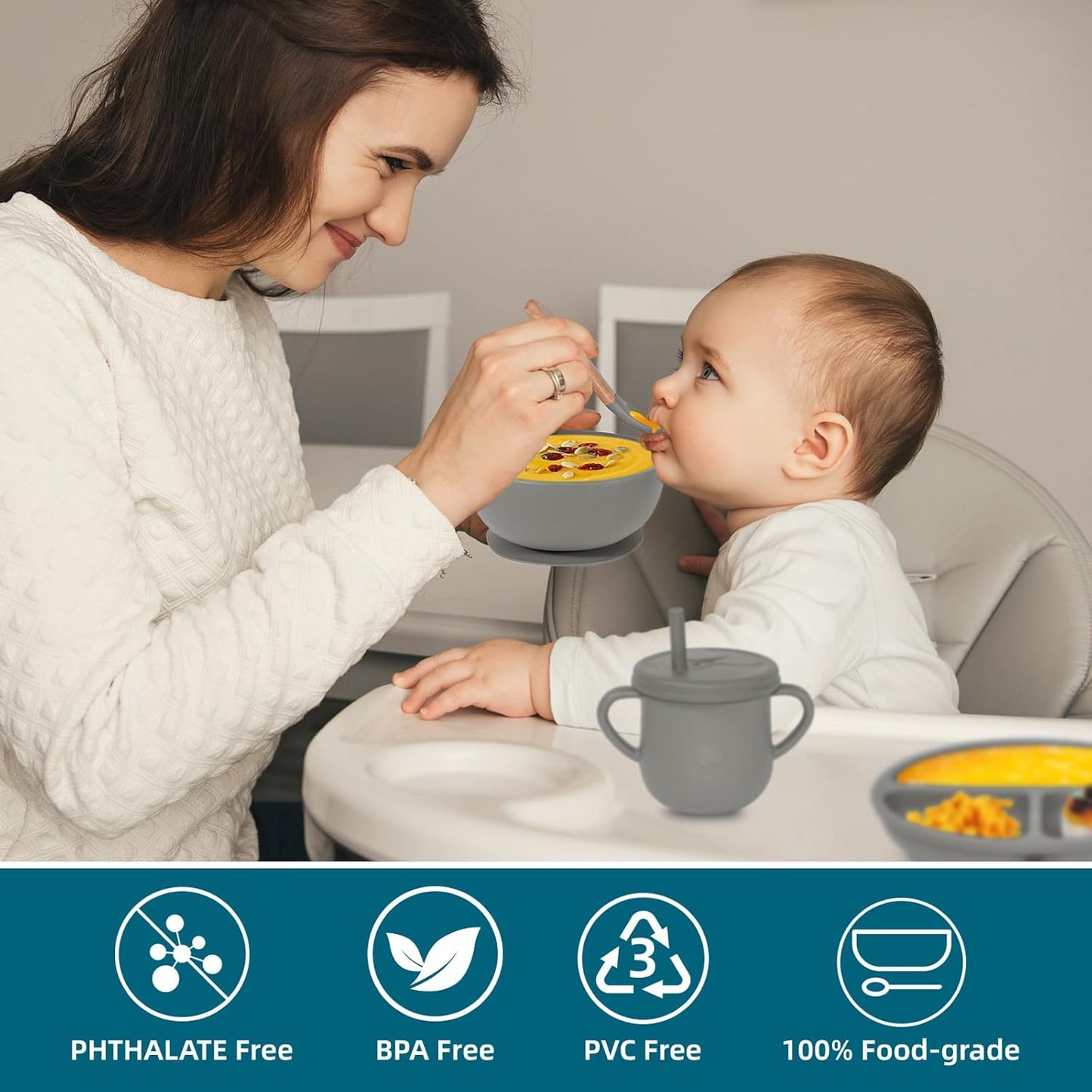 100% Silicone Baby Feeding Set, BPA Free Baby Dishes with Suction Bowl, Divided Plate, Toddler Self Feeding Dish Set with Spoons, Forks, Sippy Cup and Bib, Baby Eating Utensils (Navy Blue)