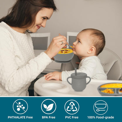 100% Silicone Baby Feeding Set, BPA Free Baby Dishes with Suction Bowl, Divided Plate, Toddler Self Feeding Dish Set with Spoons, Forks, Sippy Cup and Bib, Baby Eating Utensils (Navy Blue)