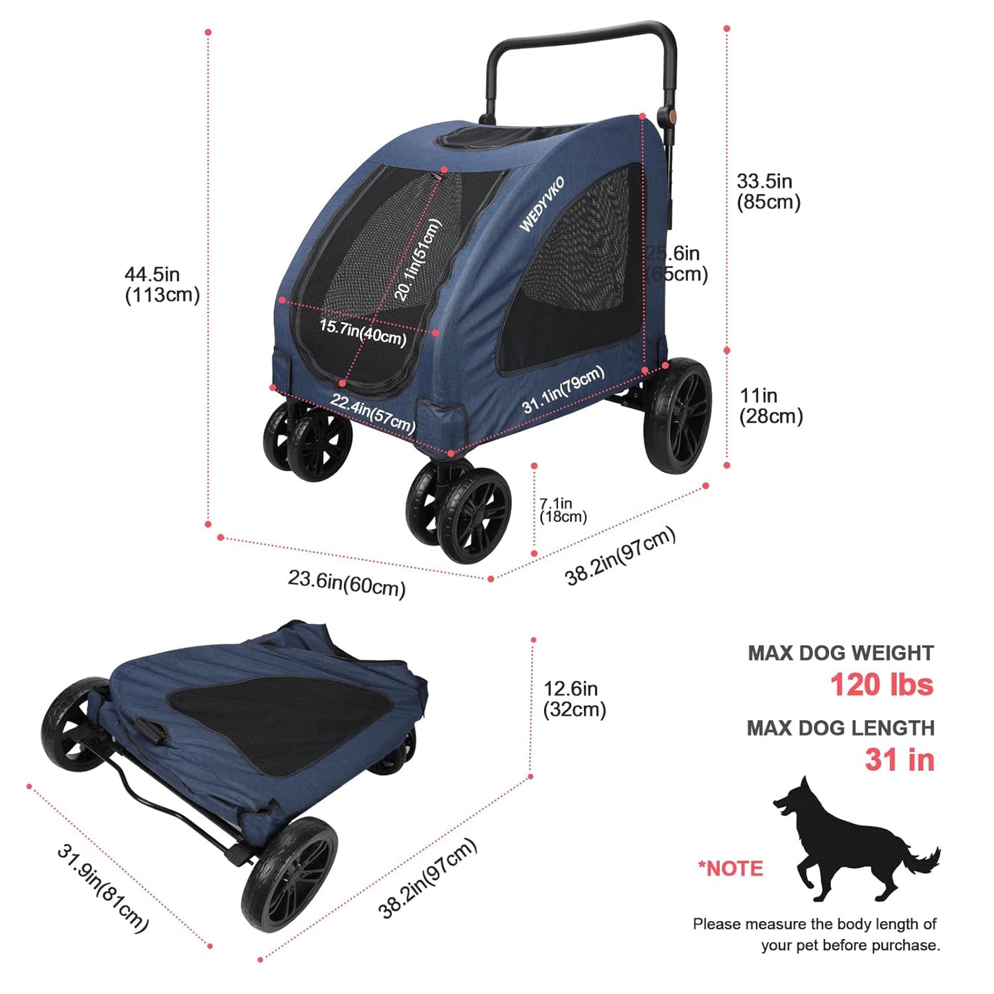 Large Dog Travel Stroller with 4 Heavy Duty Wheels Pet Stroller with Adjustable Handle - Double Doggie Capacity Jogger Wagon with Back Front Door for Small Medium Large Dogs (Dark Light Gray)