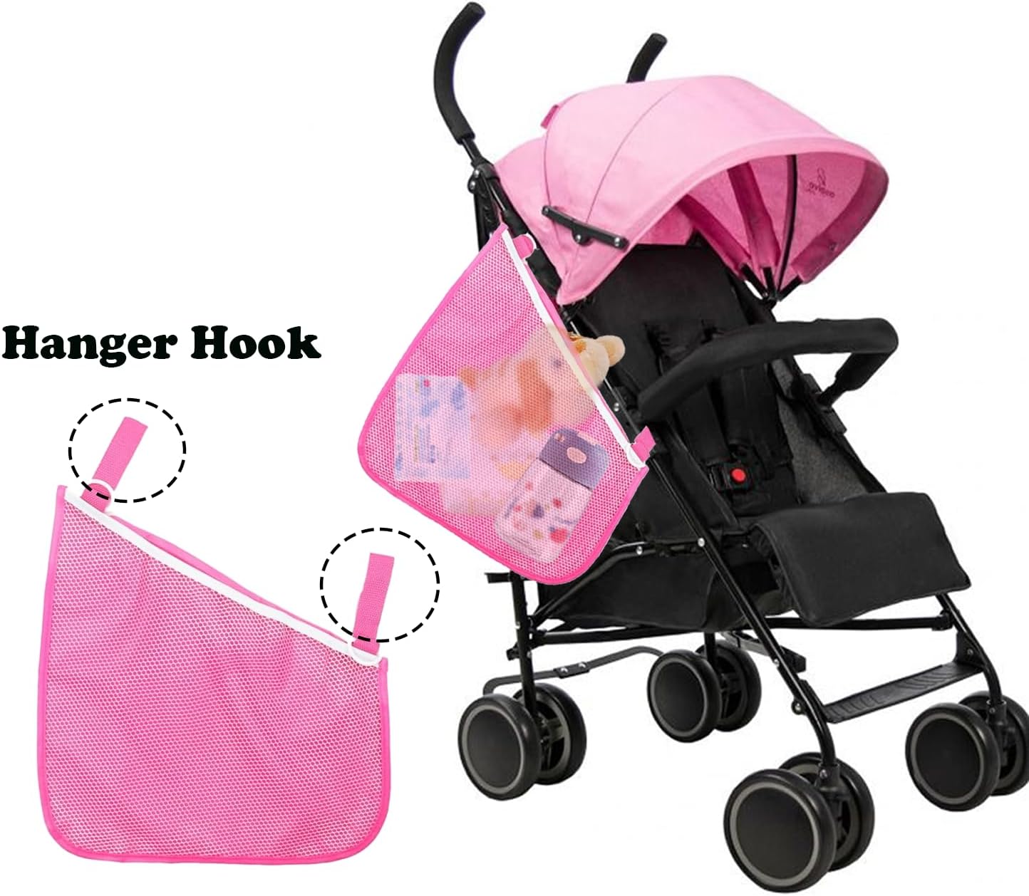 Alovexiong 2 Pack Universal Stroller Organizer Bag, Side Sling Cargo Stroller Net, Non-Slip and Adjustable Straps Storage Mesh Bag for Baby Accessories, Mesh Cargo Net for Stroller Storage - Black