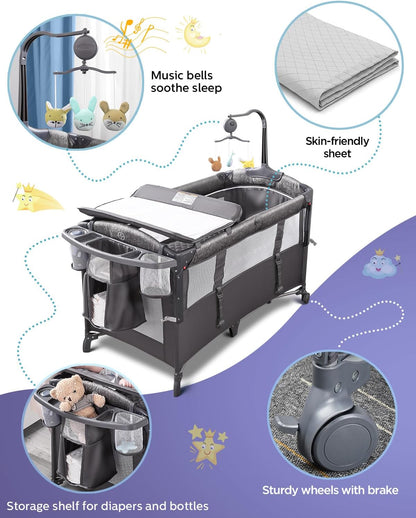 ADOVEL Baby Bassinet Bedside Crib, Pack and Play with Mattress, Diaper Changer and Playards from Newborn to Toddles, Pink