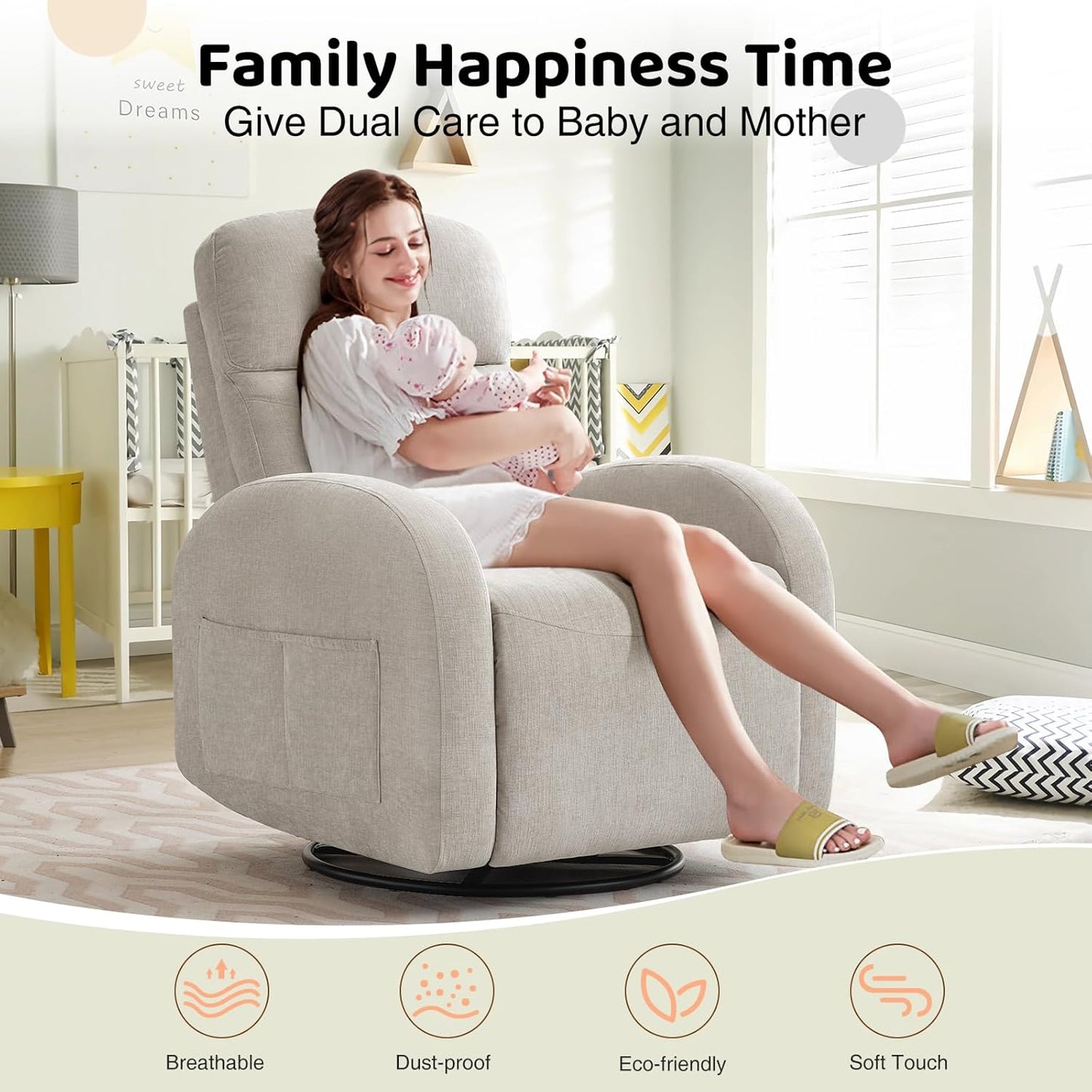 Nursery Glider Recliner, Power Swivel Rocking Recliner with USB & Type-C Port, Swivel Nursering Reclining Rocker with Double Pockets for Living Room, Camel Chenille