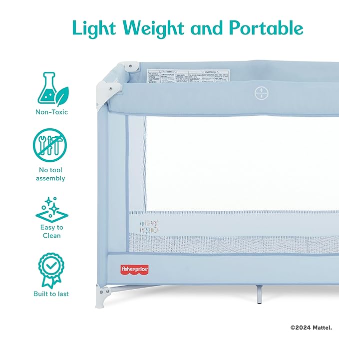 Dream On Me Fisher-Price Play All Day Portable Playard, ASTM Certified, Ideal for Babies & Toddler, One-Hand Fold, Breathable Mesh, Travel Playard with Carry Bag, Easy to Clean - Moonmist