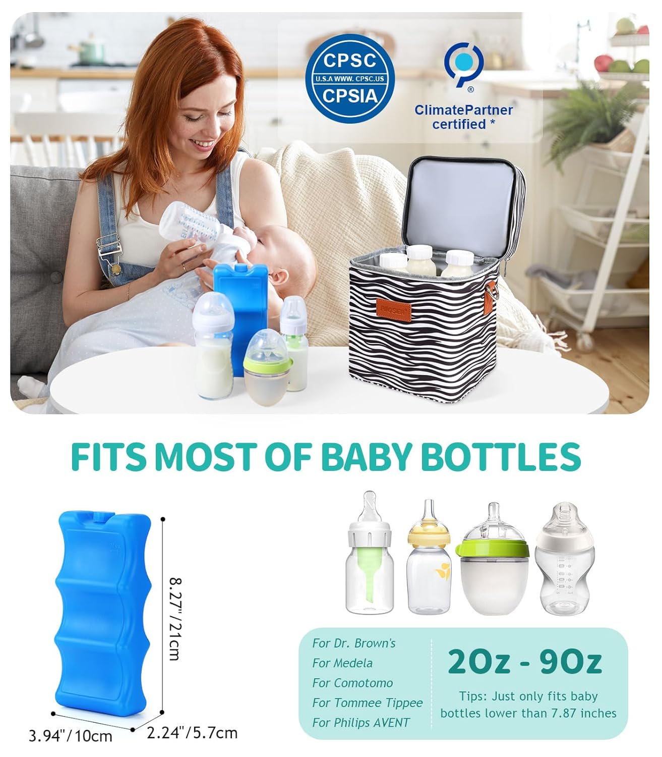 PIIOSER Breastmilk Cooler Bag with Ice Pack Fits 6 Baby Bottles Up to 9 Ounce, Insulated Baby Bottle Tote Bags, Double Layer Waterproof Leak-Proof with Shoulder Strap for Nursing & Working Mom (Grey)