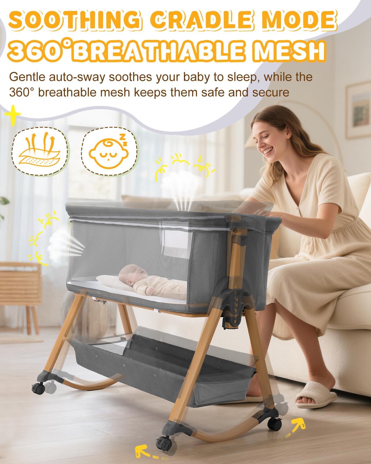 Baby Bassinet Bedside Bassinet with Large Storage Basket, Cozy Mattress, Rocking Mode, Adjustable Heights, Portable Bedside Crib for Newborn(Dark Grey)