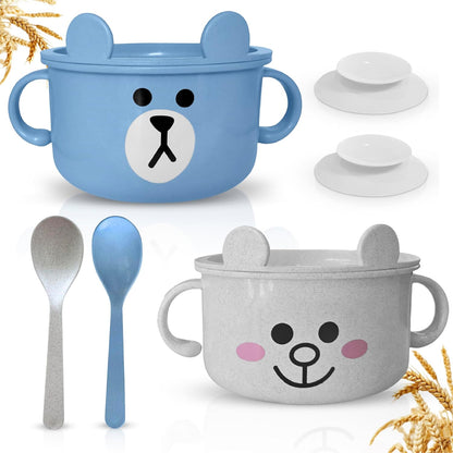 Unbreakable Bowls for Babies & Toddlers with Spoon and Lid, Eco-Friendly Wheat Straw, Stay Put Suction, BPA-Free, Microwave & Dishwasher Safe, Lightweight, No Soap Taste (Blue&White)