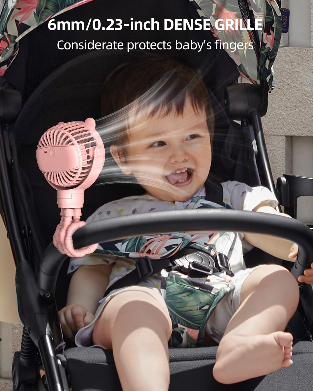 Portable Stroller Mini Fan, Small Rechargeable Personal Fan, Baby Travel Essentials for Wagon, Car Seat, Treadmill, Battery Powered Biking Gear Accessories, 360° Rotation, 3-Speed, Display, Black