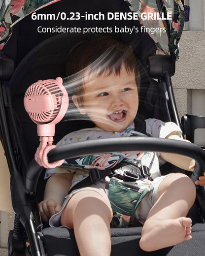 Portable Stroller Mini Fan, Small Rechargeable Personal Fan, Baby Travel Essentials for Wagon, Car Seat, Treadmill, Battery Powered Biking Gear Accessories, 360° Rotation, 3-Speed, Display, Black