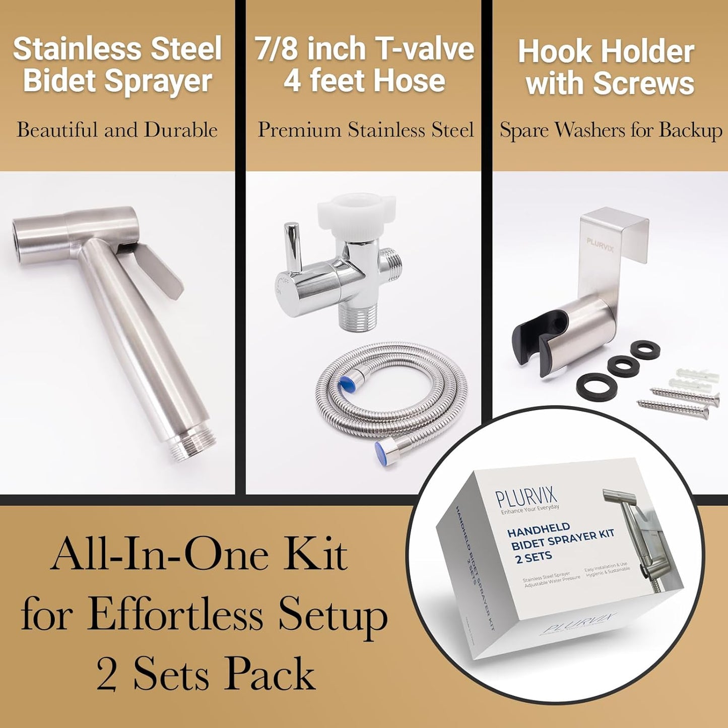 Handheld Bidet Sprayer Kit for Toilet – 2 Sets, Adjustable Water Pressure, Stainless Steel Jet Spray Kit with Bidet Hose - Feminine Wash, Baby Cloth Diaper Cleaning, Muslim Shower