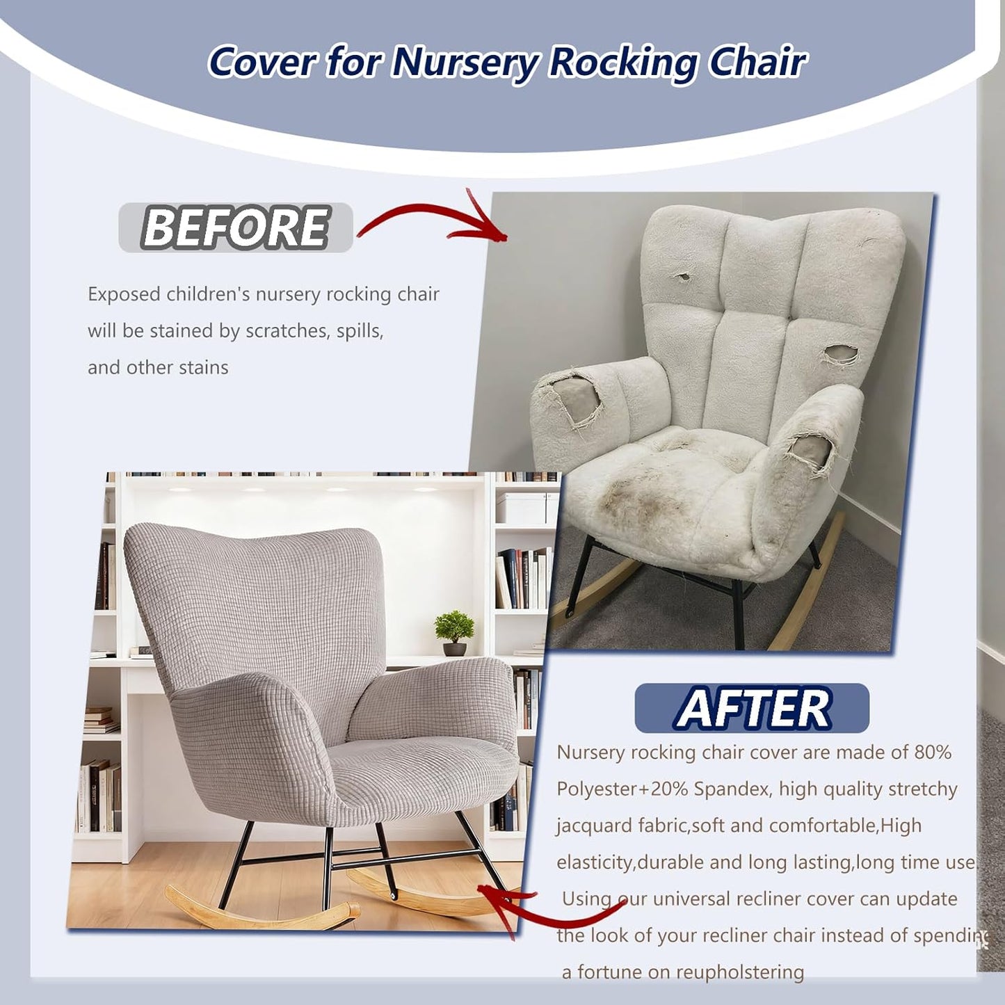 Nursery Rocking Chair Cover,1 Piece Glider Chairs Cover Slipcovers,Soft with Elastic Bottom Spandex Jacquard Small Checks,Furniture Protector Washable