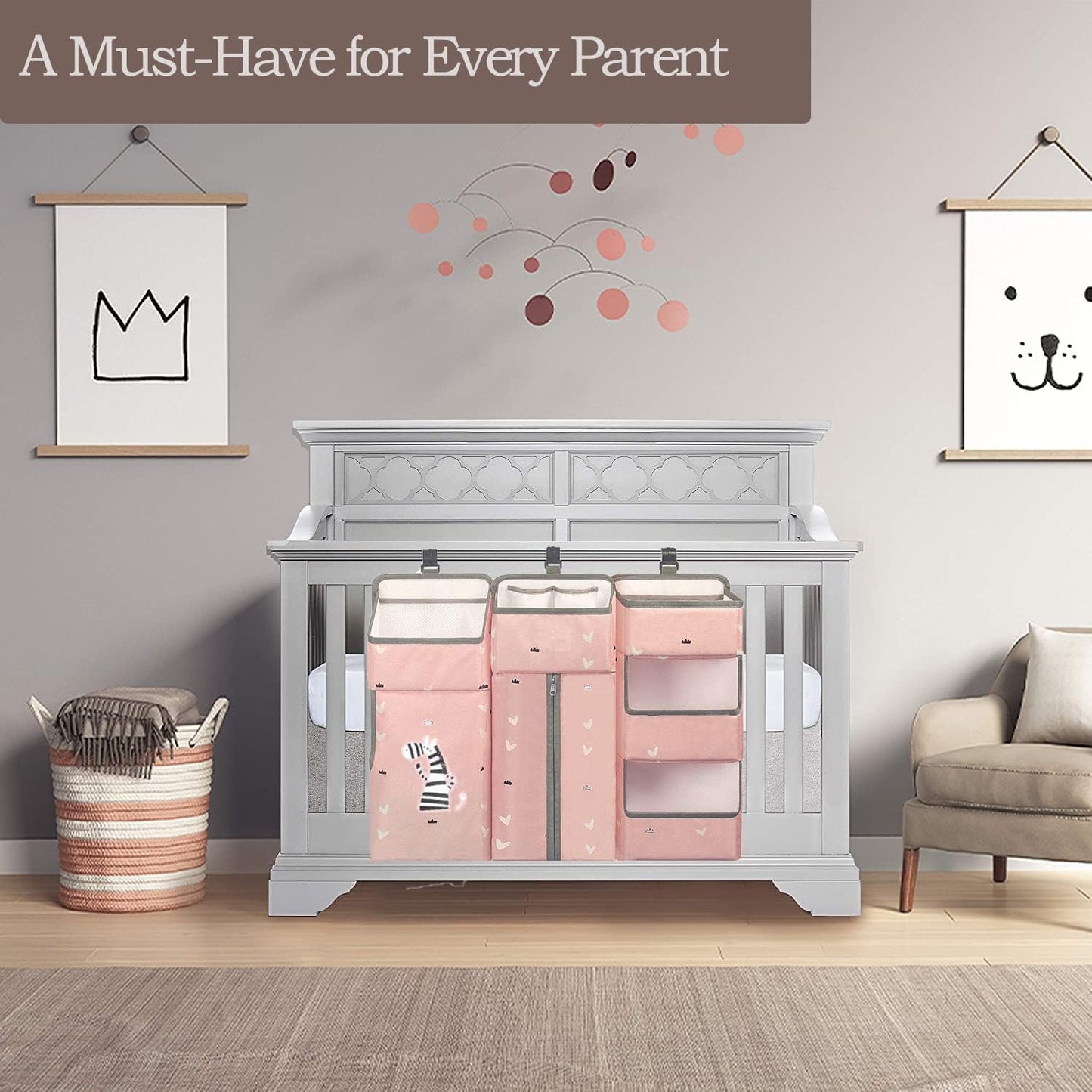 Hanging Diaper Caddy Organizer for Baby Crib - 3-in-1 Diaper Stacker for Changing Table Nursery Organization Storage Holder for Baby Essentials Attachment Portable Combining (Light grey)