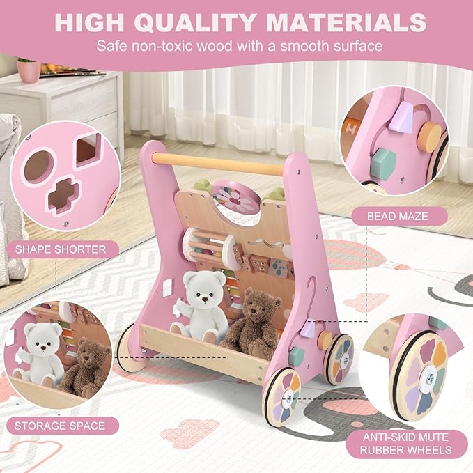 Wooden Baby Walker Wheels,Baby Push Walker for Babies 10 Months+ Montessori,Toddler Walker Push Toy Wooden Activity Walker for Boy,Walking Toys 12 Months+ Learning to Walk