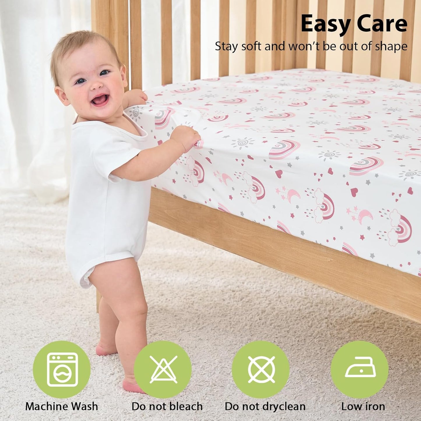 Baby Mini Crib Sheets Girl, Portable 38”x26” Pack and Play Sheets Fitted for Playard and Pack N Play Mattress, 3-Pack Soft Microfiber Pink Rainbow