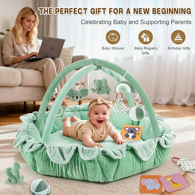 5-in-1 Baby Activity Gym & Play Mat with 6 Hanging Toys, Tummy Time Mat & Cards - Extra Large, Reversible Machine Washable Pad - Gift for Newborns, Infants 0-12 Months, Sage Green