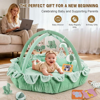5-in-1 Baby Activity Gym & Play Mat with 6 Hanging Toys, Tummy Time Mat & Cards - Extra Large, Reversible Machine Washable Pad - Gift for Newborns, Infants 0-12 Months, Sage Green