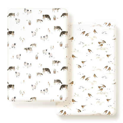 GRSSDER Stretch Ultra Soft Jersey Knit Fitted Pack n Play Playard Sheets Set 2 Pack，Fits Portable/Mini Cribs Sheets, Playards Mattress Pads, Stylish Watercolor Animals for Baby, Mint Green