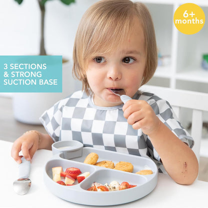 Bumkins Toddler and Baby Suction Plate, Divided Grip Dish for Babies and Kids, Baby Led Weaning, Feeding Supplies, Sticks to Tables and Highchairs, Platinum Silicone, for Chidren 6 Months, Gray
