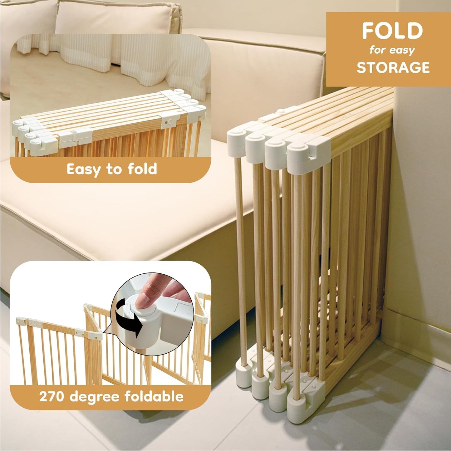 Baby Playpen, Foldable Wooden Play Yard with Gate, Playpen for Babies and Toddlers, Adjustable Baby Activity Center with Child Proof Lock, Fence Play Area for Toddlers 6 to 36 months(56*83*24inch)