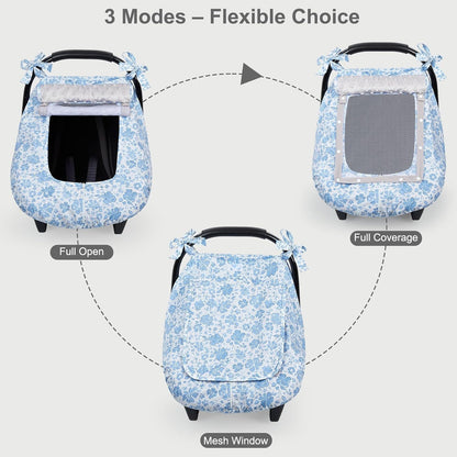FIOBEE Baby Car Seat Cover, Car Seat Covers for Babies Infant Car Seat Canopy with Breathable Mesh Window Waterproof Carseat Cover for Babies Boy Girl 4 Seasons, White/Cow