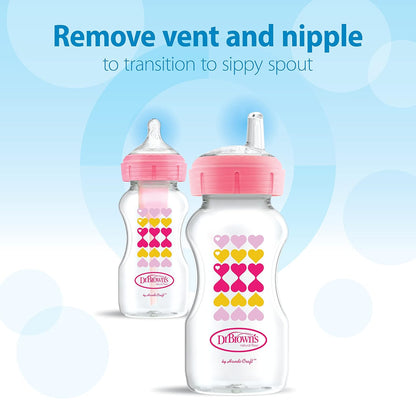 Dr. Brown's Anti-Colic Options+ Wide-Neck Sippy Bottle Starter Kit, 9oz/270mL, with Level 3 Medium-Fast Flow Nipple and Soft 100% Silicone Sippy Spout, Green, BPA-Free, 6m+, 2-Pack