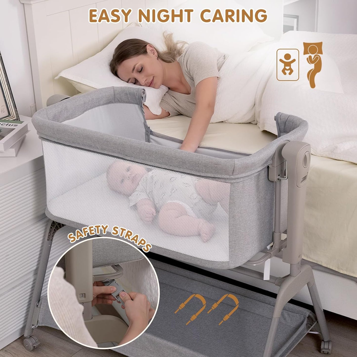 Ezebaby Baby Bassinet Bedside Crib, 3-in-1 Rocking Bassinets Bedside Sleeper with Comfy Mattress and Wheels, 6-Height Adjustable, Stable and Secure Crib for Newborn Infant