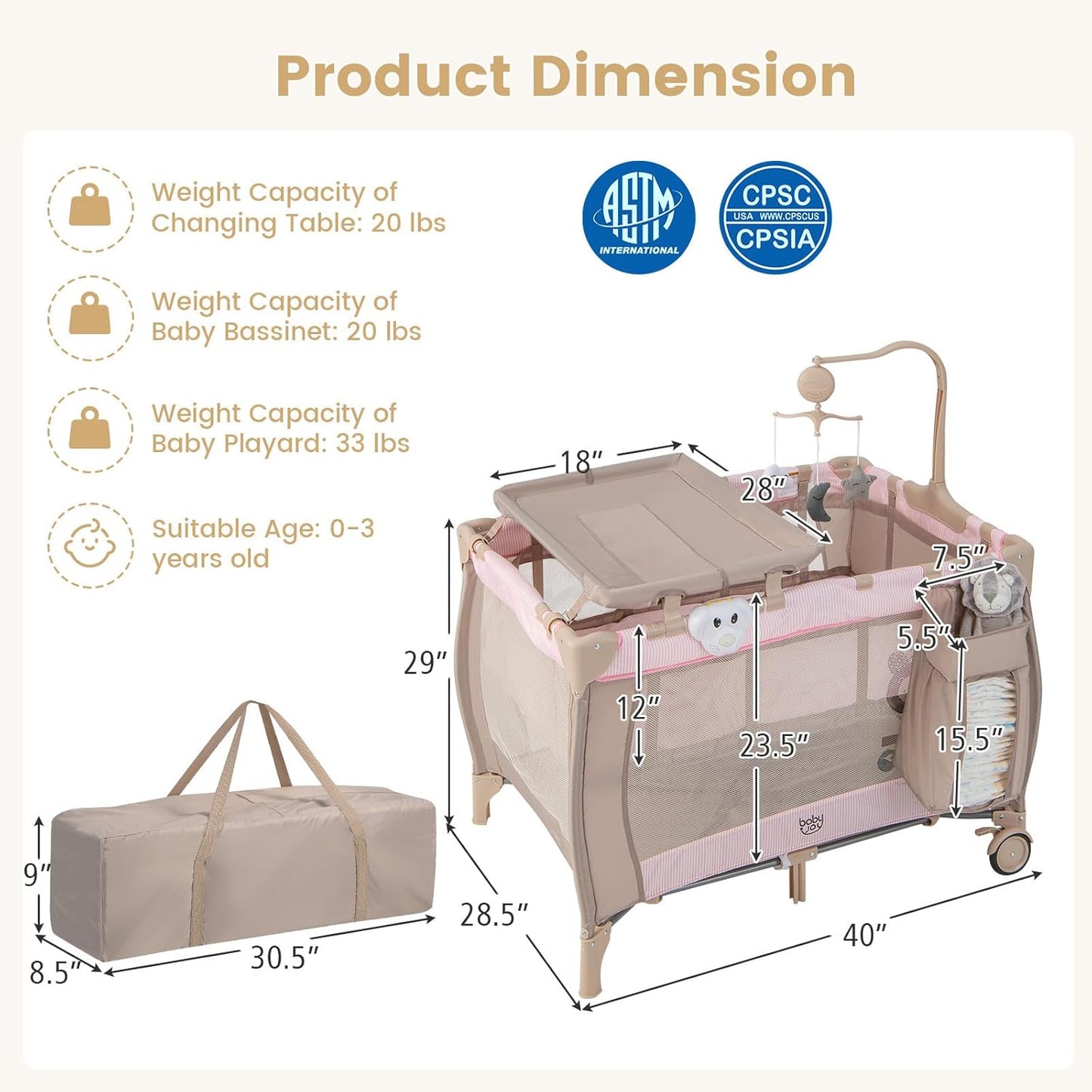 Costzon 3 in 1 Pack and Play with Bassinet, Portable Baby Playard with Changing Table, Music Box, Whirling Toys, Wheels/Brake, Basket, Foldable Infant Bassinet Crib for Baby Toddlers Indoor Outdoor