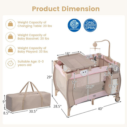 Costzon 3 in 1 Pack and Play with Bassinet, Portable Baby Playard with Changing Table, Music Box, Whirling Toys, Wheels/Brake, Basket, Foldable Infant Bassinet Crib for Baby Toddlers Indoor Outdoor