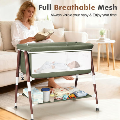 Baby Bassinet, 3 in 1 Bedside Bassinet Sleeper for Newborn, Portable Baby Crib with 4 Detachable Wheels & Adjustable Height, Breathable Mesh & Mattress, Mosquito Net& Storage Basket (Grey)