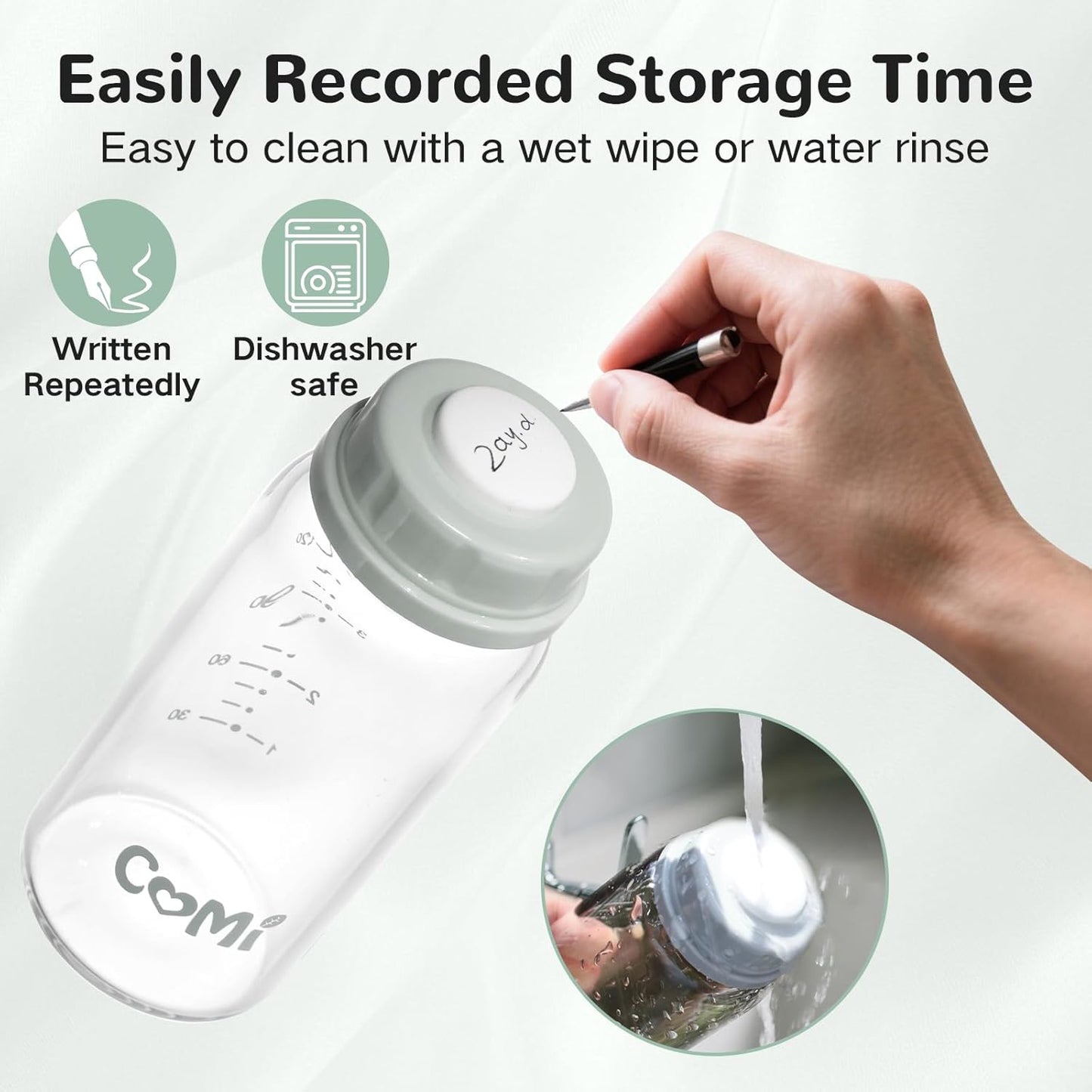 COMI Natural Glass Baby Bottle,Breastmilk Storage Bottle for Fridge,Breast Milk Container,Breast Pump Bottle Compatible with Medela Breast Pump,BPA Free,2PCS (5oz,2 Gray Lids)