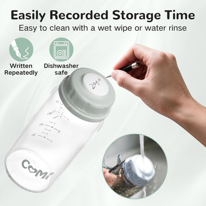 COMI Natural Glass Baby Bottle,Breastmilk Storage Bottle for Fridge,Breast Milk Container,Breast Pump Bottle Compatible with Medela Breast Pump,BPA Free,2PCS (5oz,2 Gray Lids)
