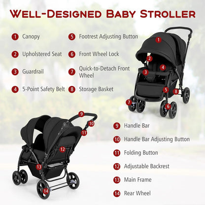 HONEY JOY Double Stroller, Foldable Lightweight Infant Twin with Tandem Seating, 5-Point Harness, Recline Seat, Storage Basket, Compact Baby Double Stroller Newborn and Toddler (Black)