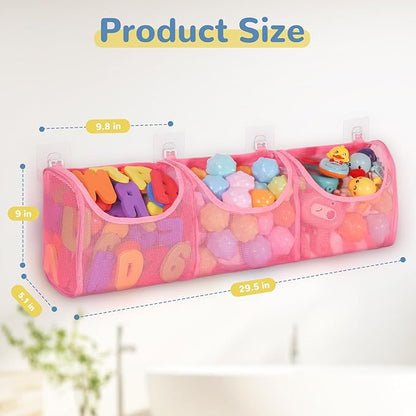 Bath Toy Storage, Large Capacity Bath Toy Holder, Opening 3 Compartments Bathtub Toy Storage, Quick Dry Bath Toy Organizer, Mesh Shower Caddy for Easy Access & Sorting Toys - Pink