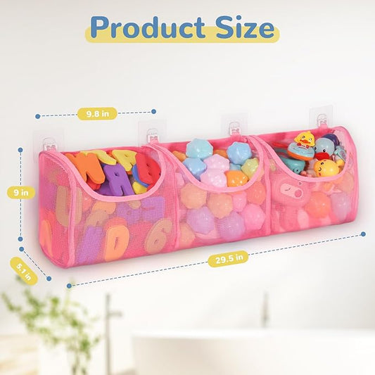 Bath Toy Storage, Large Capacity Bath Toy Holder, Opening 3 Compartments Bathtub Toy Storage, Quick Dry Bath Toy Organizer, Mesh Shower Caddy for Easy Access & Sorting Toys - Pink