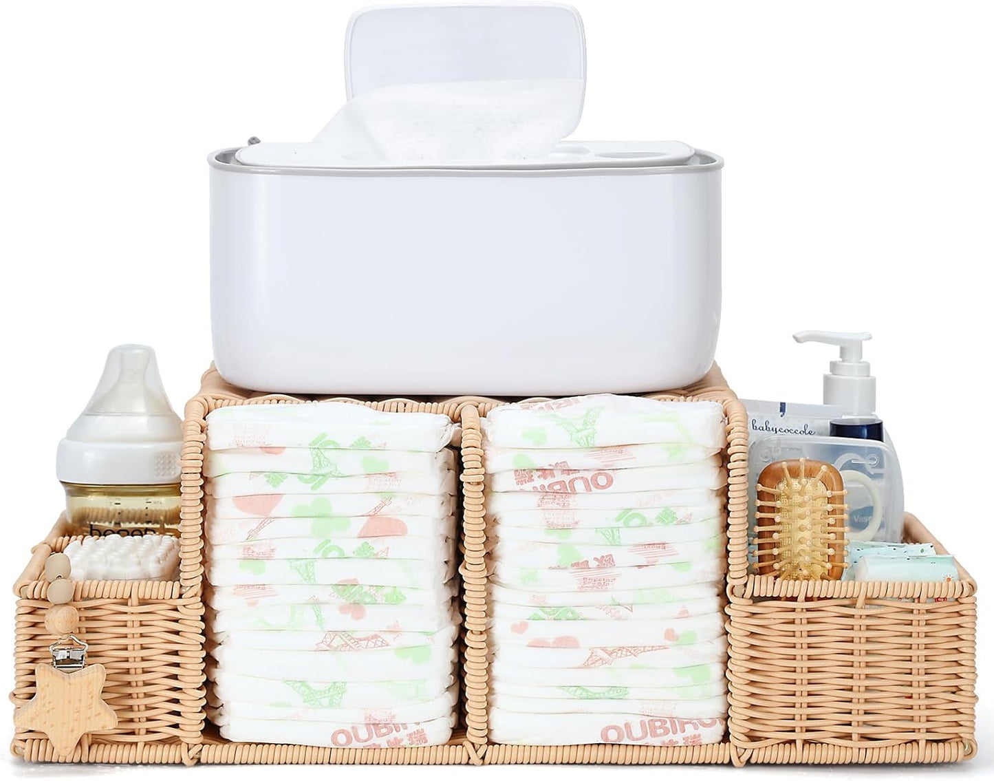 Diaper Caddy Organizer, Hand Rattan Nursery Storage Basket for Baby Essentials, Baby Changing Table Organizer Perfect Nursery Assistant (Natural Light Woven - Style 1, M)