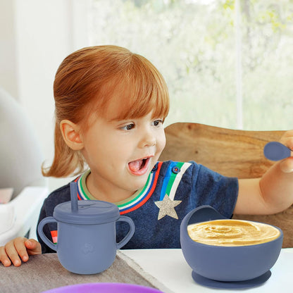 100% Silicone Baby Feeding Set, BPA Free Baby Dishes with Suction Bowl, Divided Plate, Toddler Self Feeding Dish Set with Spoons, Forks, Sippy Cup and Bib, Baby Eating Utensils (Navy Blue)