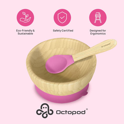 Abiie Octopod Bamboo Baby Bowl Set for 4 Months and Up – Mess-Free High Chair Suction Bowl with Spoon for Toddlers and Kids - Ergonomic Baby Feeding Essentials - 5.7" x 3" x 5.7" - Pink