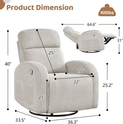 Nursery Glider Recliner, Power Swivel Rocking Recliner with USB & Type-C Port, Swivel Nursering Reclining Rocker with Double Pockets for Living Room, Camel Chenille