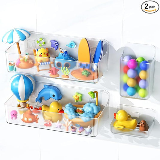 Nieifi Bath Toy Storage Holder, Bathtub Toy Storage, Large Capacity Bath Toy Organizer, Adhesive Shower Caddy for Bathroom, Clear (2 large + 1 small + 1 long)