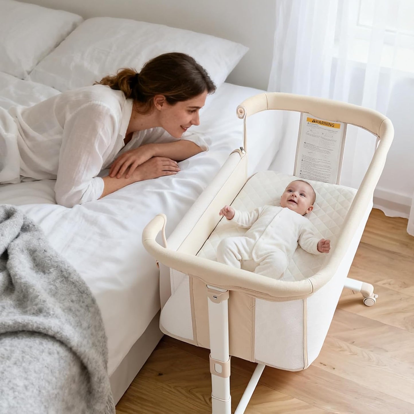 Kinder King Baby Bassinet Bedside Sleeper, Newborn Baby Bedside Crib w/Wheels, All-Sided Mesh, Adjustable Height, Removable Soft Mattress, No Tool to Assemble, Grey