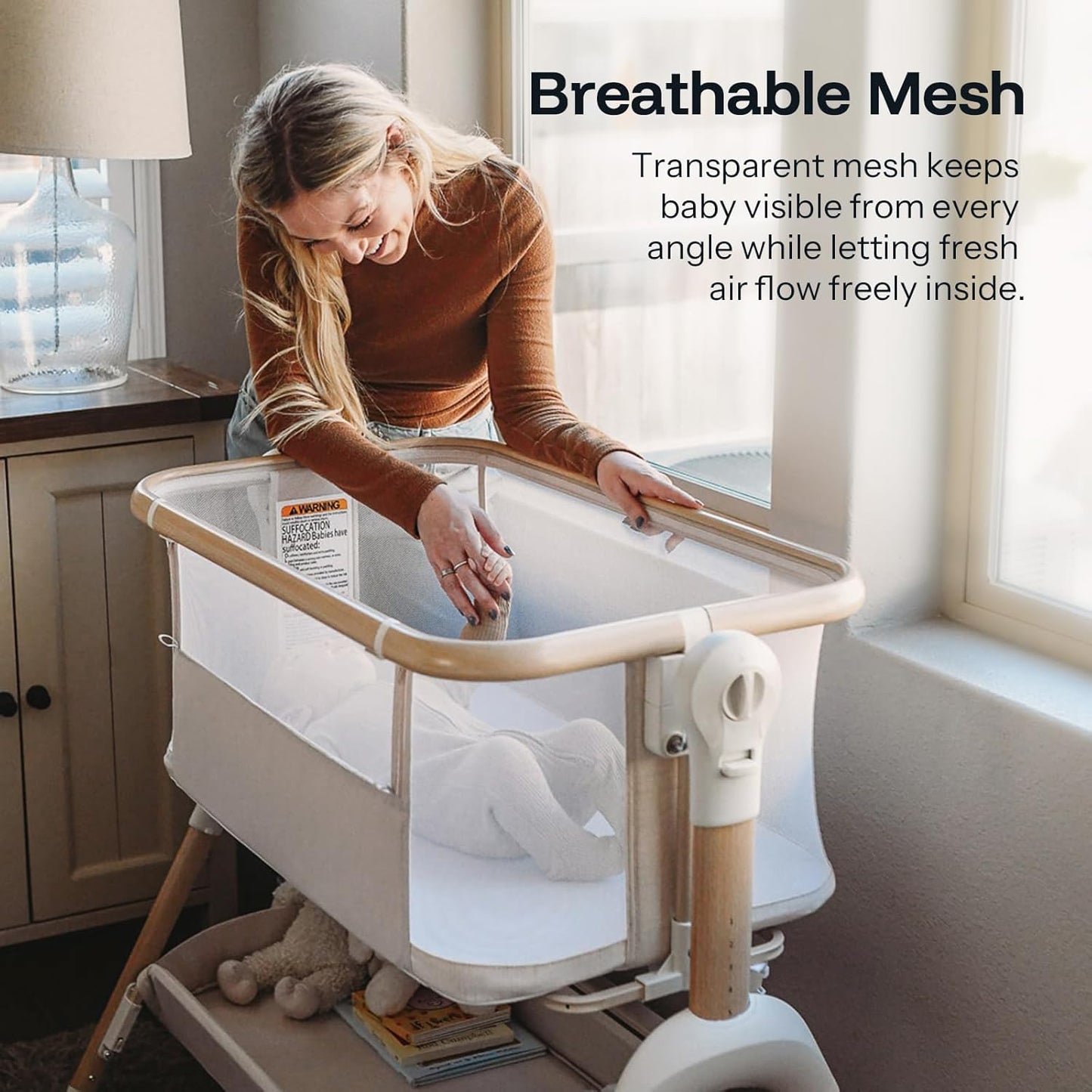 HARPPA Cuddly Signature Baby Bassinet with Mattress, 3 in 1 Bedside Sleeper & Rocking Cradle, Breathable Mesh, 5 Height Adjustable, Newborn 0–5 Months, Wood Grain