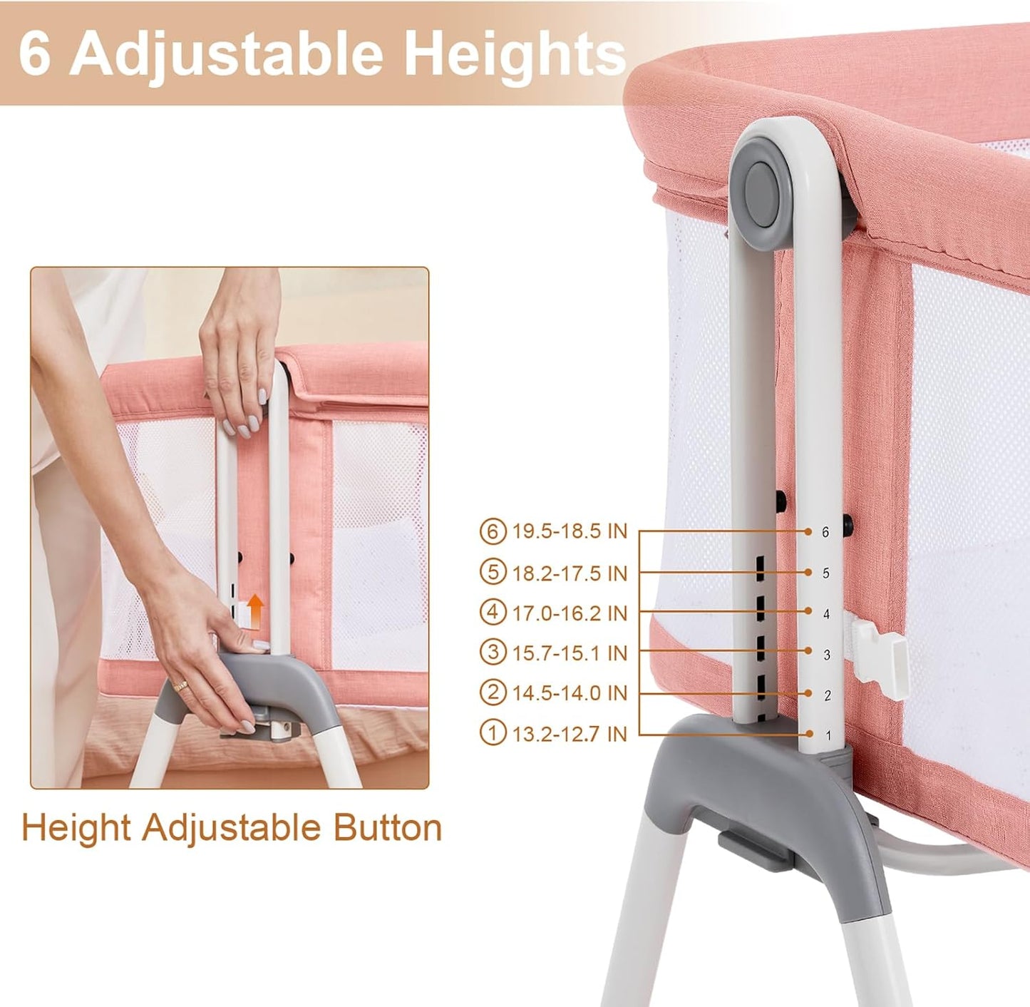 ANGELBLISS Baby Bassinet Bedside Crib with Storage Basket and Wheels, Easy Folding Bed Side Sleeper Adjustable Height Portable Crib for Newborn (Pink)