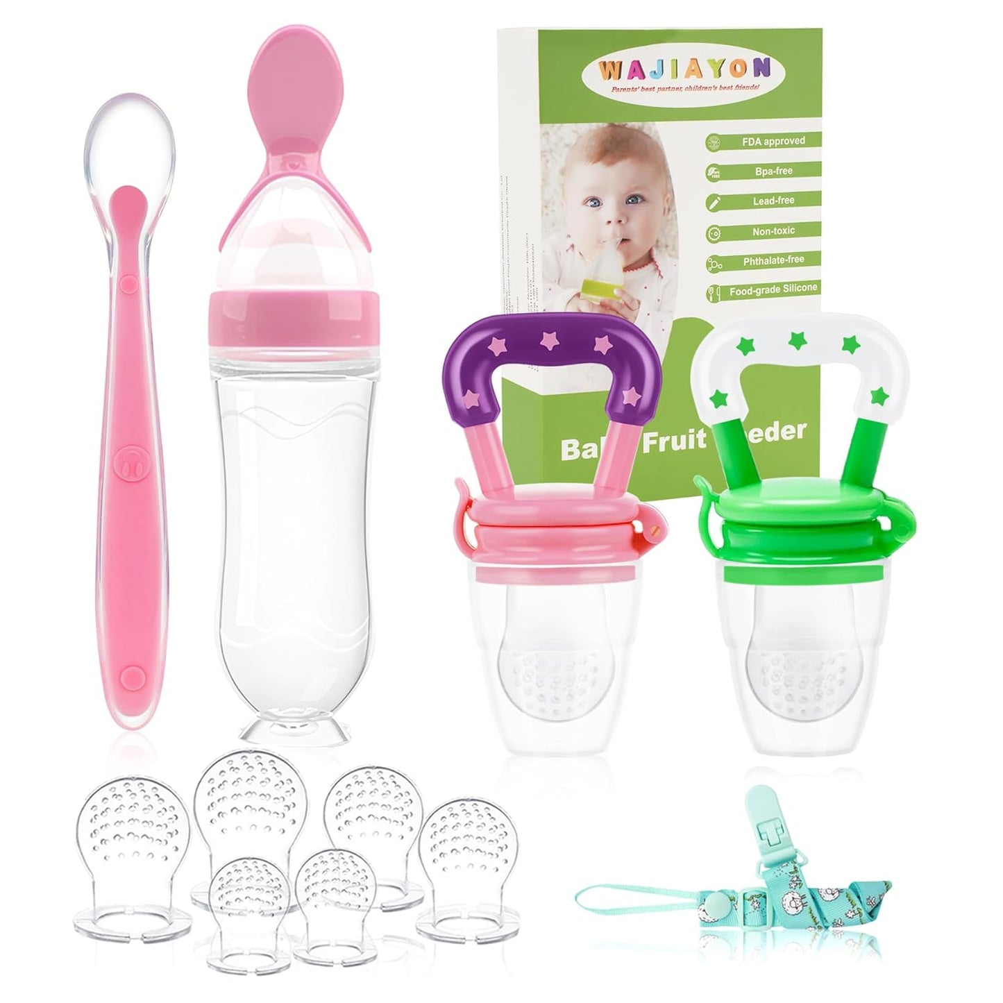 WAJIAYON Baby Fruit Feeder Pacifier | Infant Food Feeder Pacifier & Food Dispensing Spoon | Fresh Fruit Teethers for Babies | Silicone Feeder Baby,Mesh teethers for Babies Gifts for Boys and Girls
