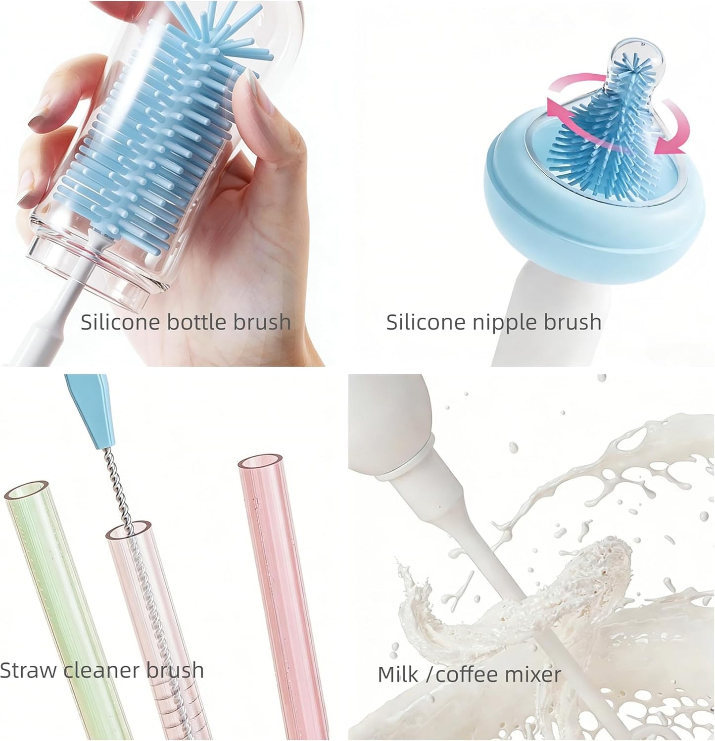 Portable Electric Silicone Bottle Brush Set, 7-in-1 UV LIGHT USB Charging, Nipple/Straw Cleaner, Milk Mixer, Built-in Drying Rack & Storage Case, BPA-Free, IPX7, On-the-Go for New Parents (Blush)