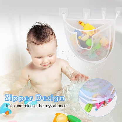 Bath Toy Storage, Large Capacity Bath Toy Holder with Bottom Zipper, Quick Release Bathtub Toy Storage with Large Pocket, Corner Mesh Bath Toy Organizer Basket Bin for Bathroom Toys - White
