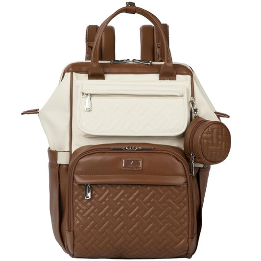 BabbleRoo Leather Diaper Bag Backpack, Multifunction Large Bags with Changing Pad & Stroller Straps & Pacifier Case, Unisex Stylish Travel Back Pack Nappy Changing Bag for Moms Dads (Coffee Cream)