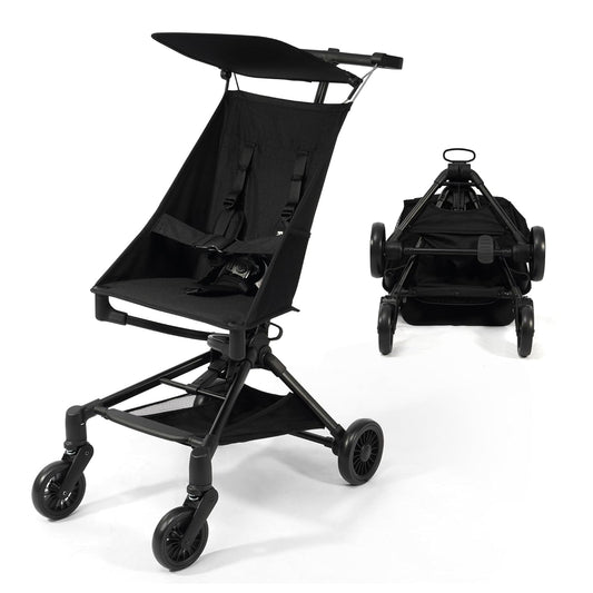 Lightweight Travel Stroller for Airplane, 10.5 lbs Compact Foldable Baby Stroller with Sun Visor & Storage Basket, Convenience Airplane Strollers with Lockable Rear Wheels and Breathable Fabric, Black